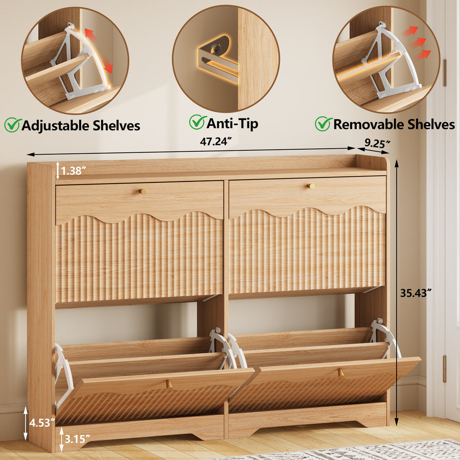 Wave-Edge Fluted Shoe Cabinet with 4 Flip Drawers