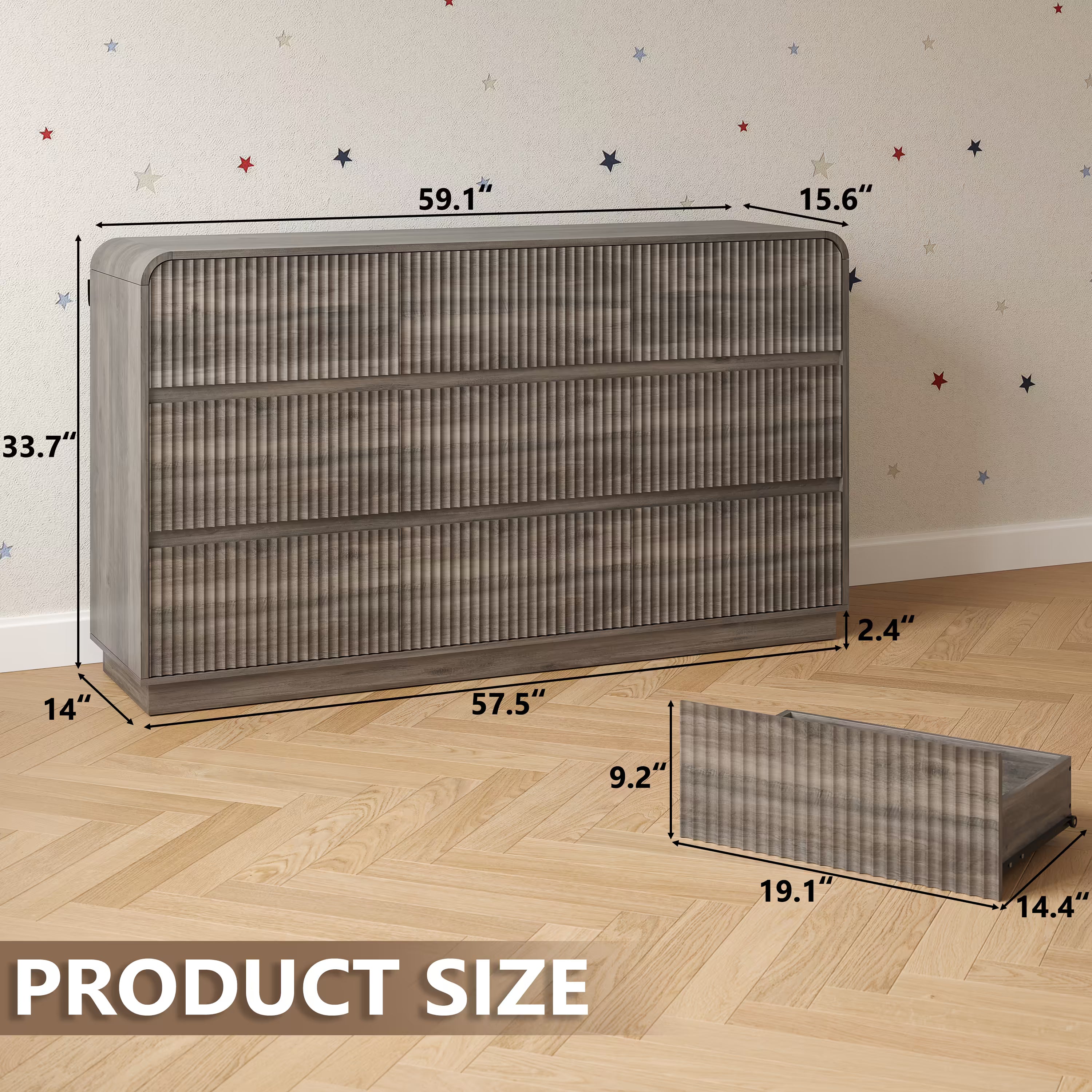 Dimensions of the spacious 9 drawer gray wood dresser showing 59 inch width and deep storage