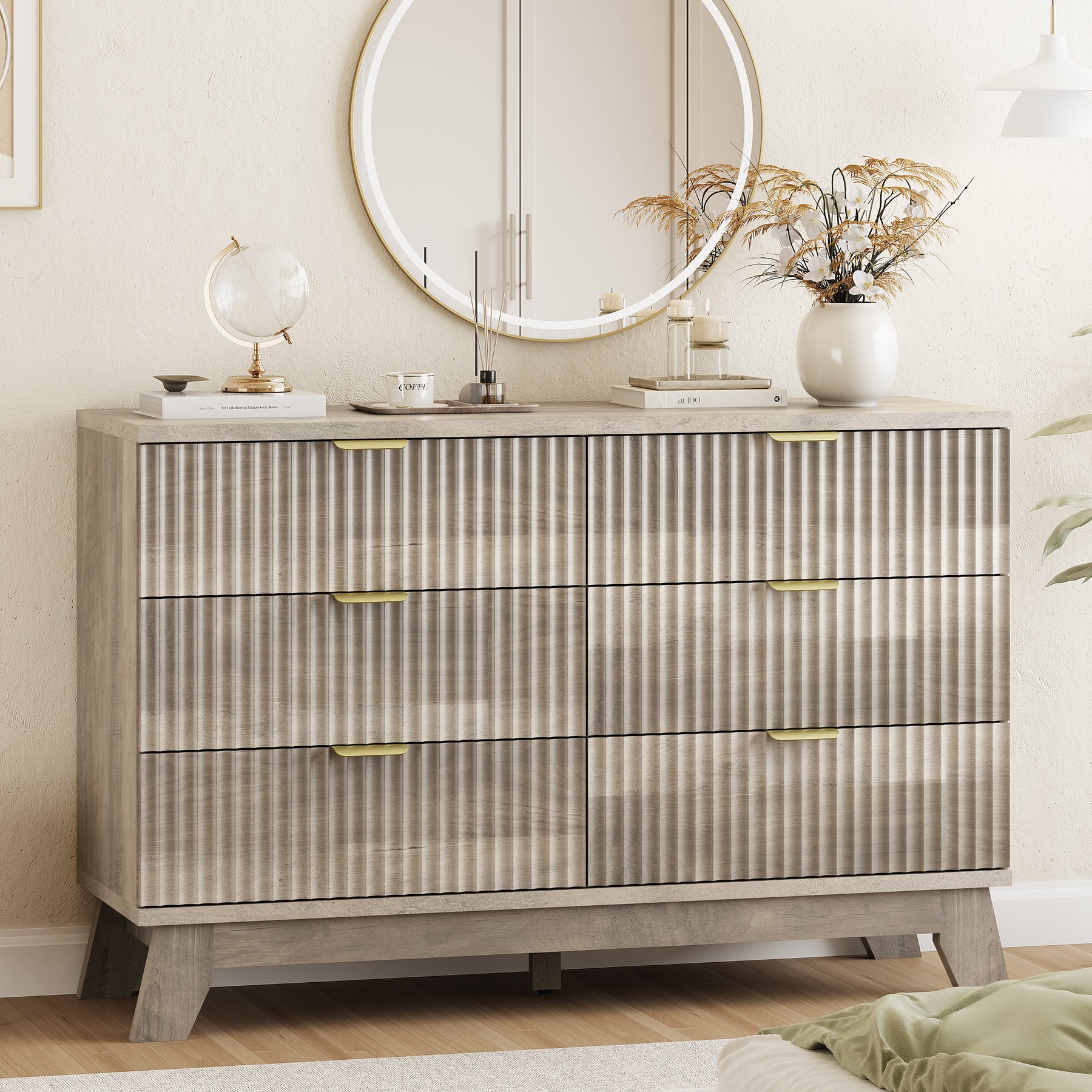 Linear Fluted 6-Drawer Wide Dresser