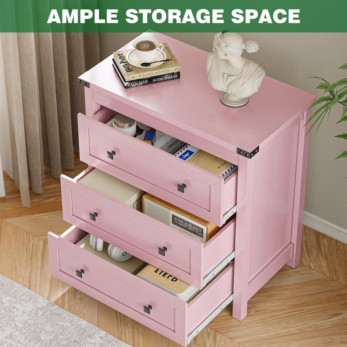 Farmhouse Nightstand with 3 Drawers – Wood Bedside Table