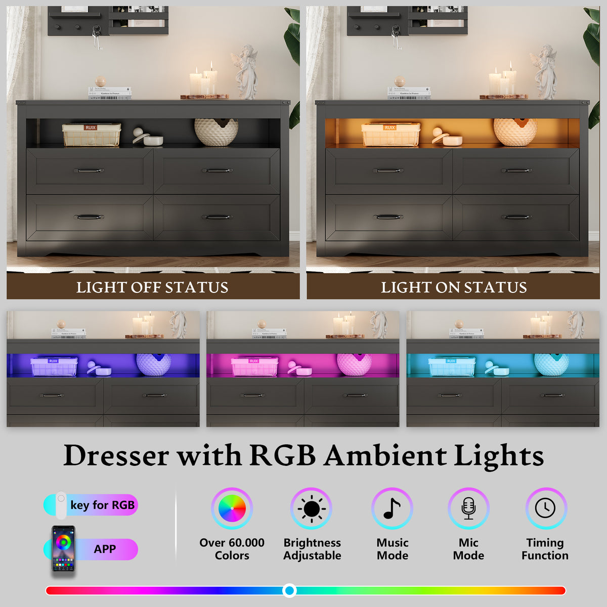 Liora 47" Four-Drawer Dresser with LED Shelf