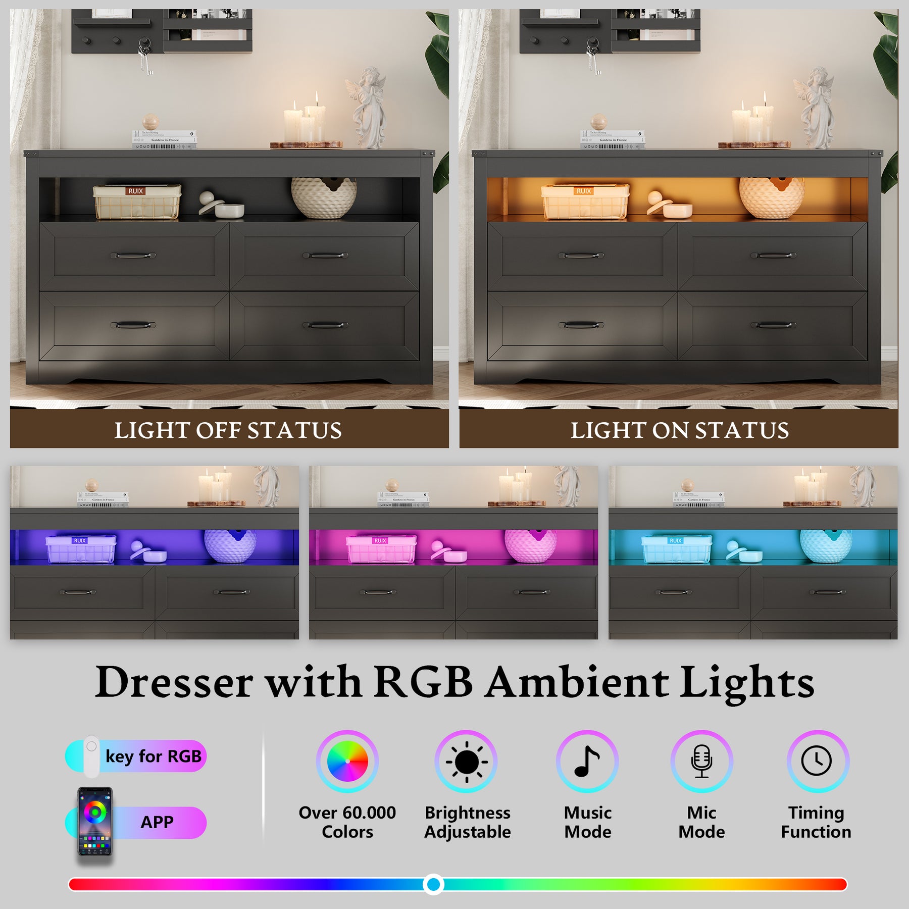 Liora 47" Four-Drawer Dresser with LED Shelf