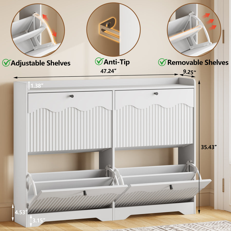 Wave-Edge Fluted Shoe Cabinet with 4 Flip Drawers