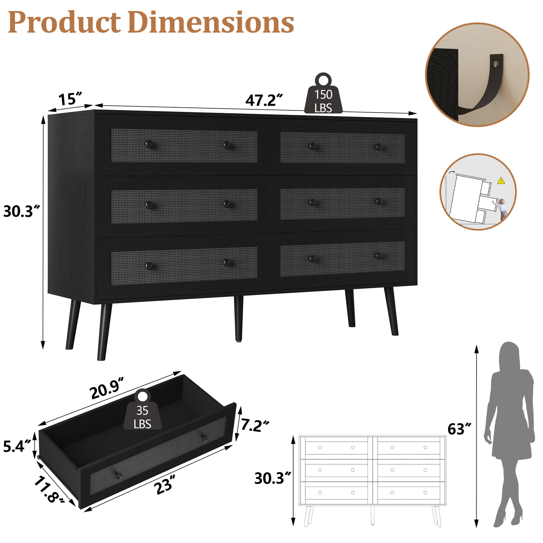 Anymaple Rattan Dresser for Bedroom, 6 Drawer 47.2'' Wide Boho Wood Dresser