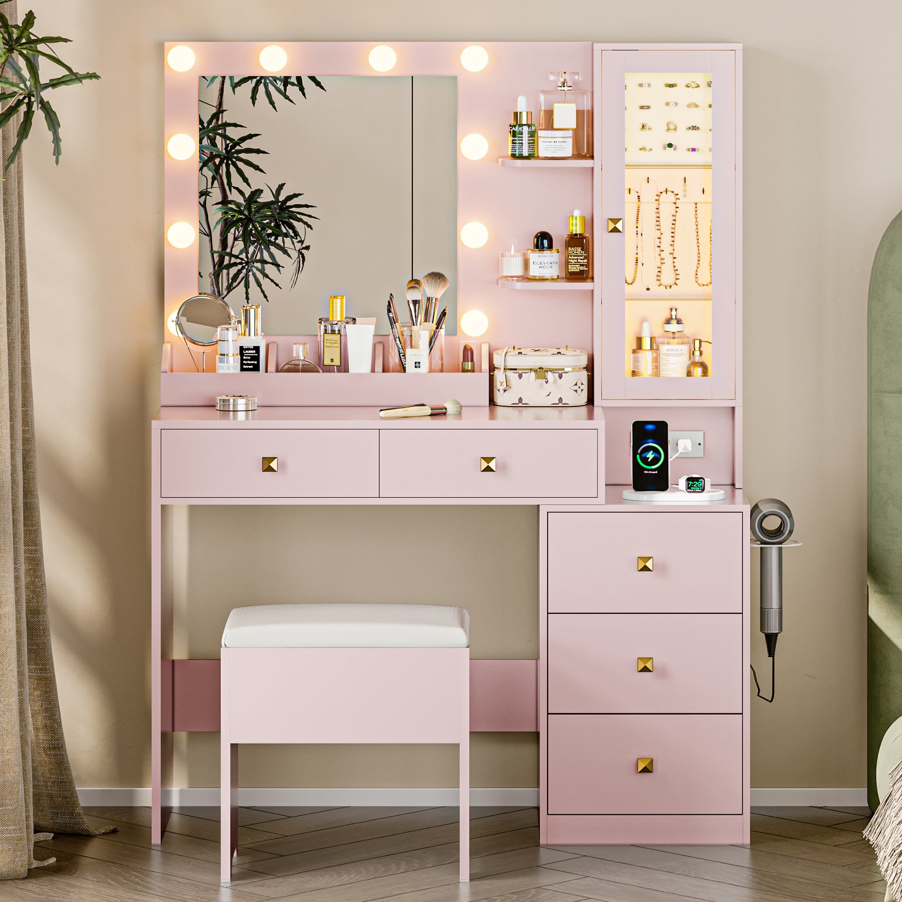 Lighted Makeup Vanity with Jewelry Cabinet