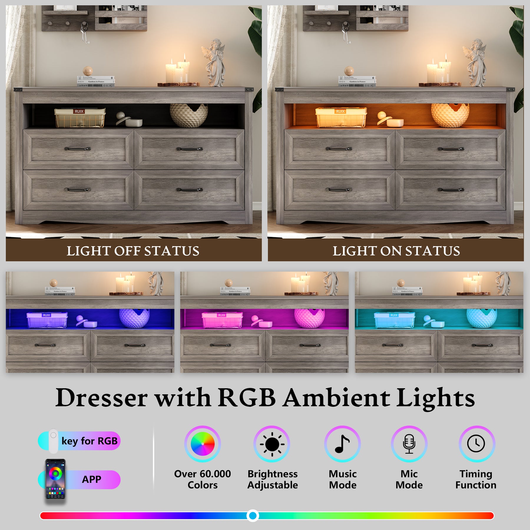 Liora 47" Four-Drawer Dresser with LED Shelf