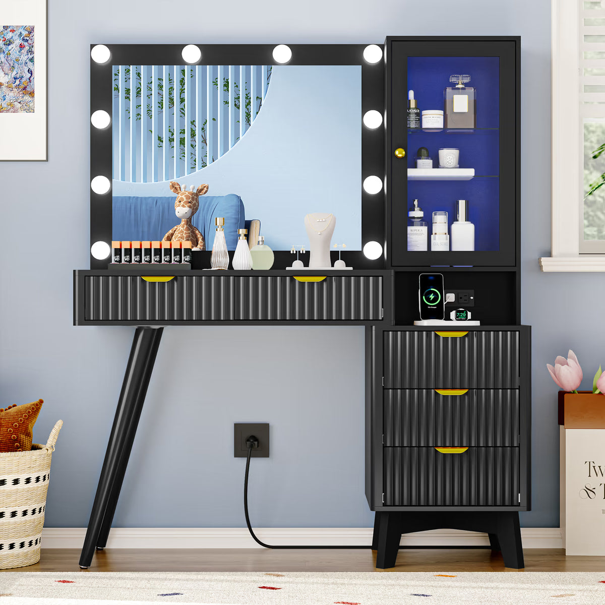 Linea Fluted Makeup Vanity Desk with Mirror & Lights, 5 Drawers| Anymaple
