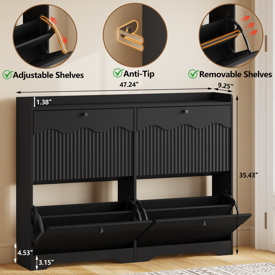 Wave-Edge Fluted Shoe Cabinet with 4 Flip Drawers