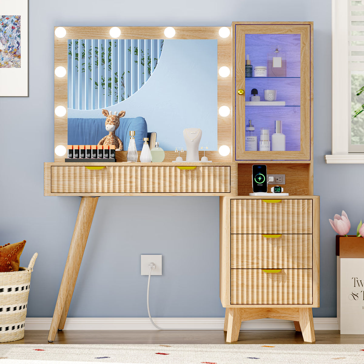 Linea Fluted Makeup Vanity Desk with Mirror & Lights, 5 Drawers| Anymaple