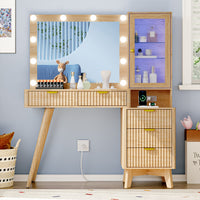 Linea Fluted Makeup Vanity Desk with Mirror & Lights, 5 Drawers| Anymaple
