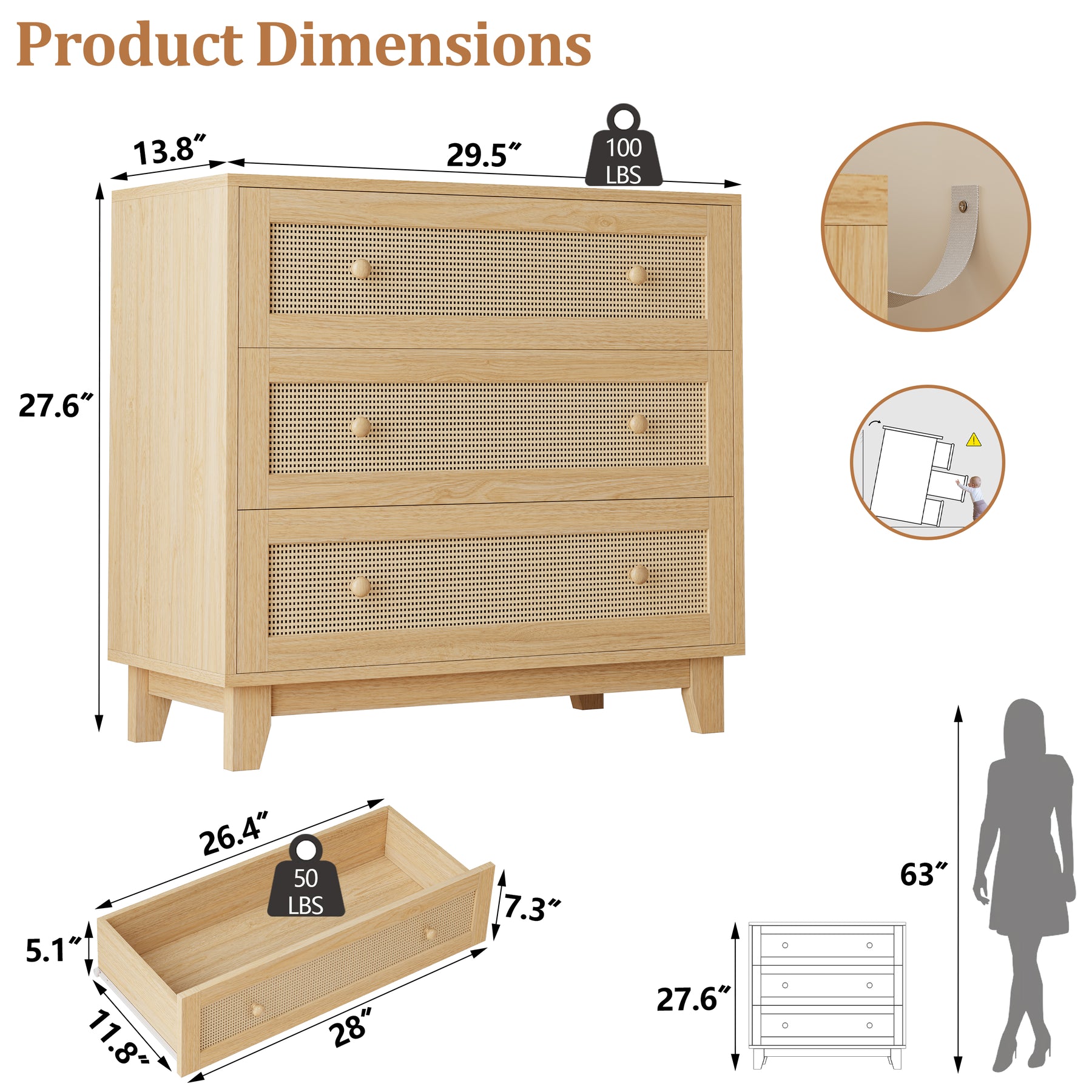 Caneva 29.5" Wide Large Rattan Nightstands with 2 Drawers