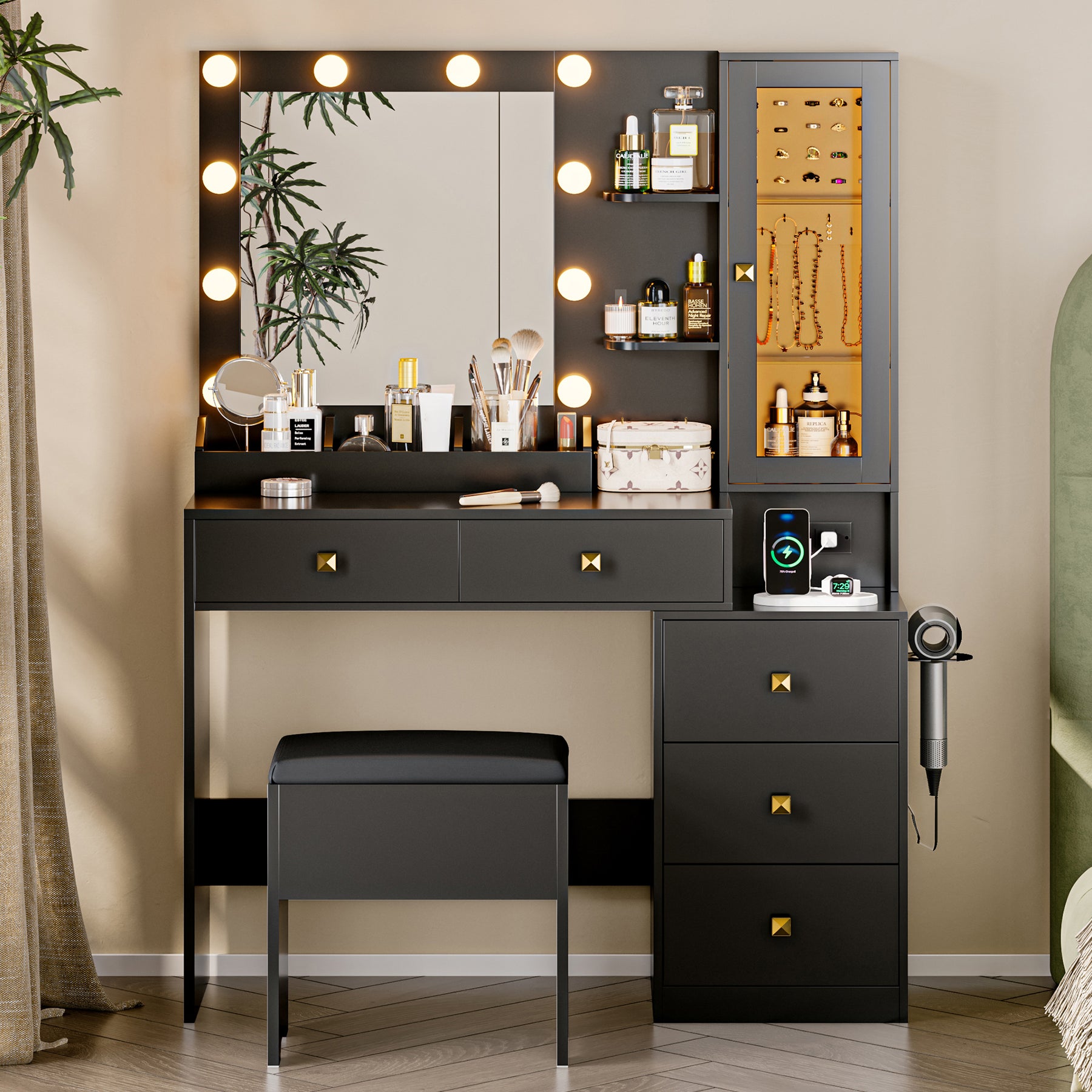 Lighted Makeup Vanity with Jewelry Cabinet