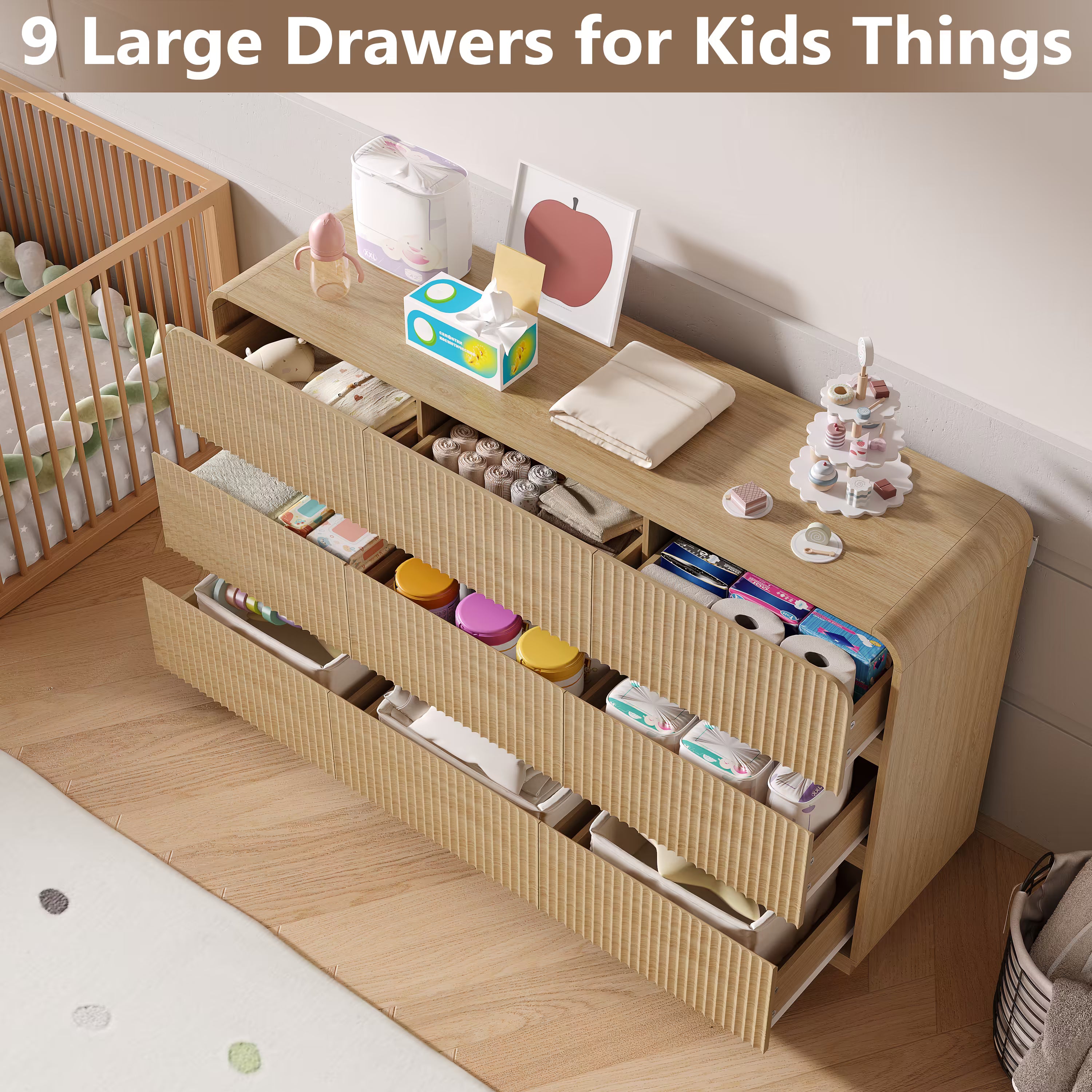 Oak kids dresser featuring 9 large drawers perfectly organizing diapers clothes and nursery essentials