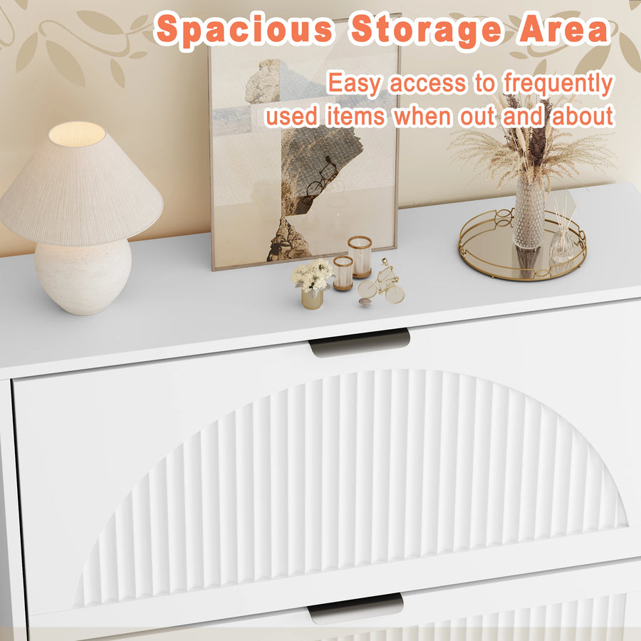 Elora white shoe storage cabinet with decor on the top surface