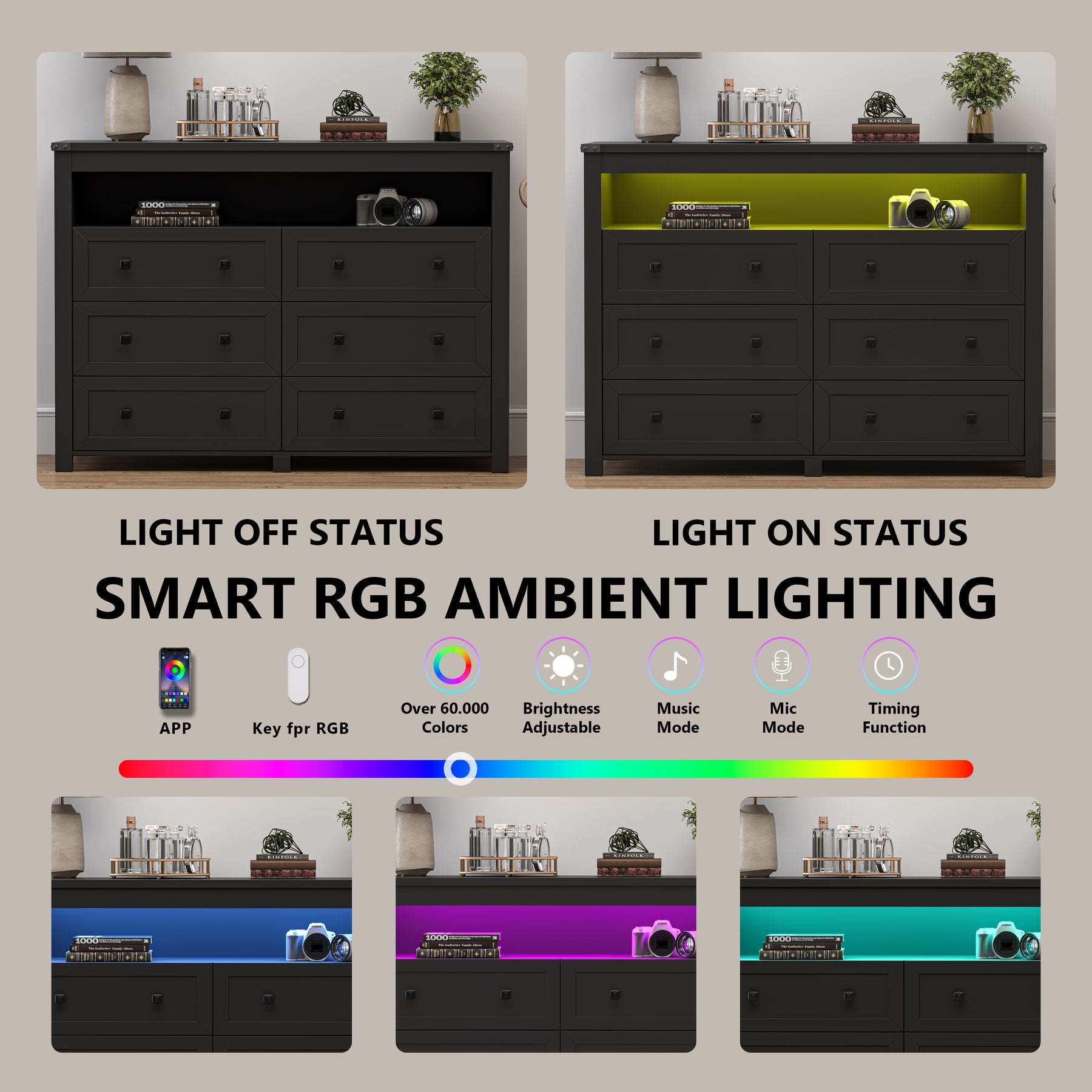 Liora  Six-Drawer High Dresser with LED Shelf