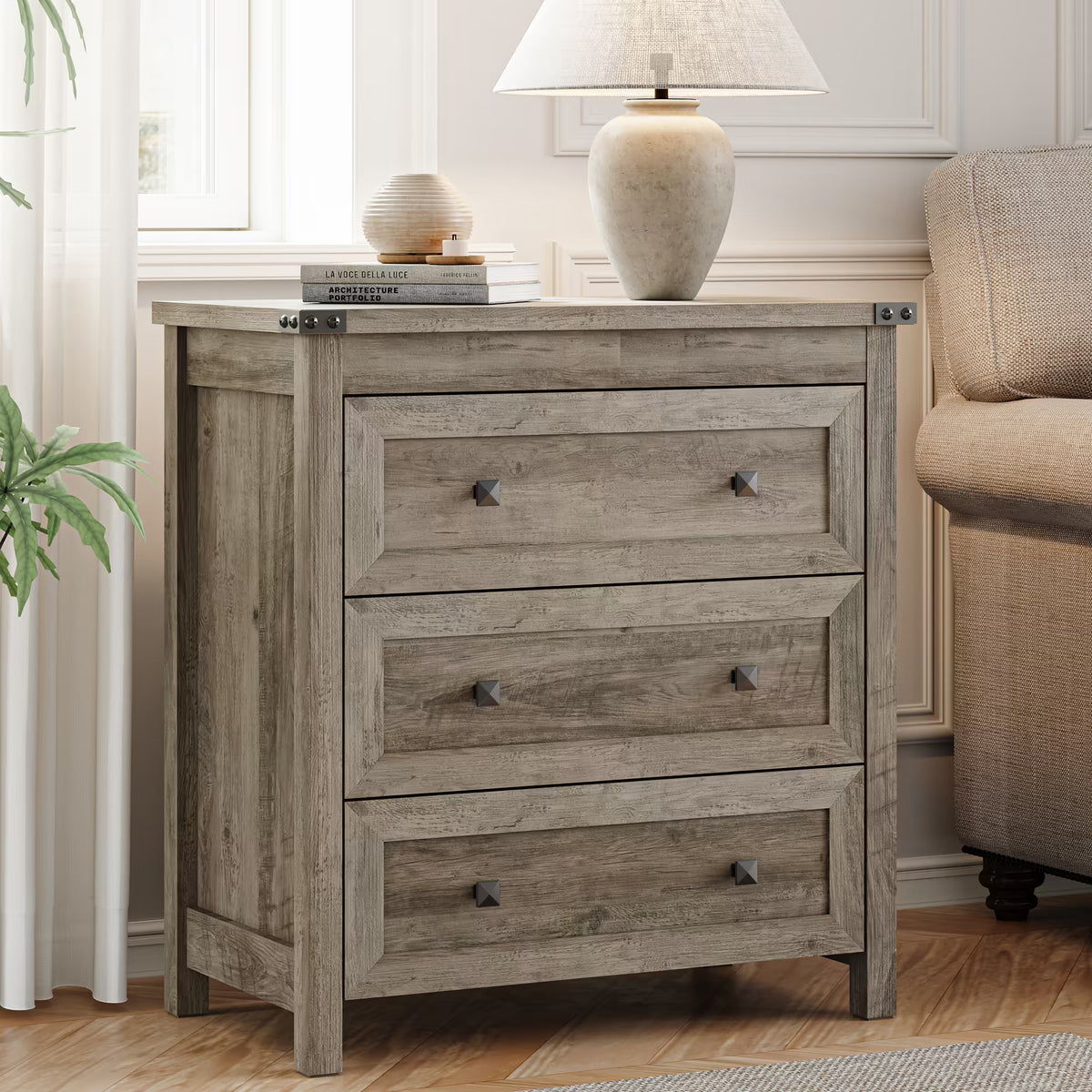 Farmhouse Nightstand with 3 Drawers – Wood Bedside Table