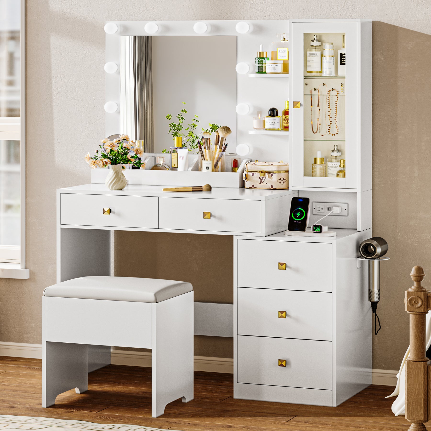 Lighted Makeup Vanity with Jewelry Cabinet