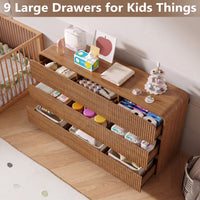 Two fluted walnut wood dressers styled side by side in a modern kids bedroom setting