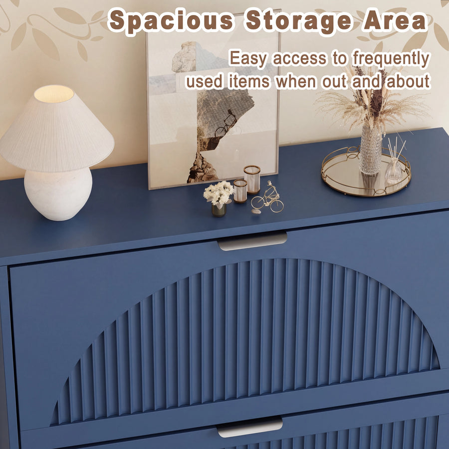 Elora blue shoe storage cabinet with decor on the top surface