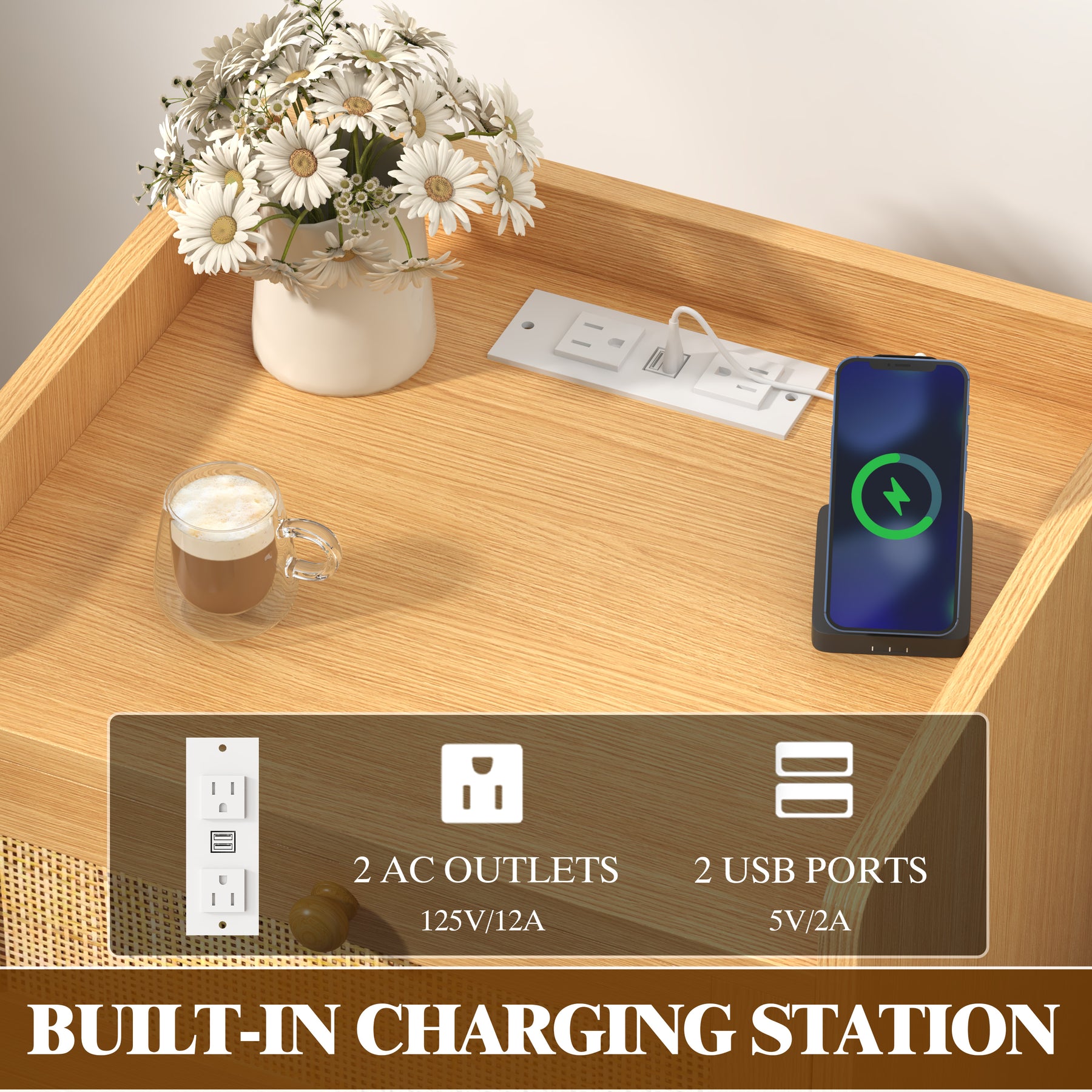 Caneva Nightstand with Charging Station