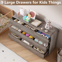 Gray kids dresser featuring 9 large drawers perfectly organizing diapers clothes and nursery essentials