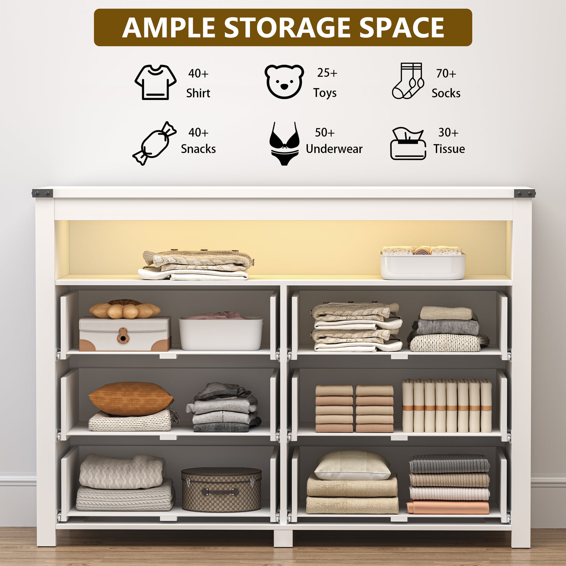 Liora  Six-Drawer High Dresser with LED Shelf