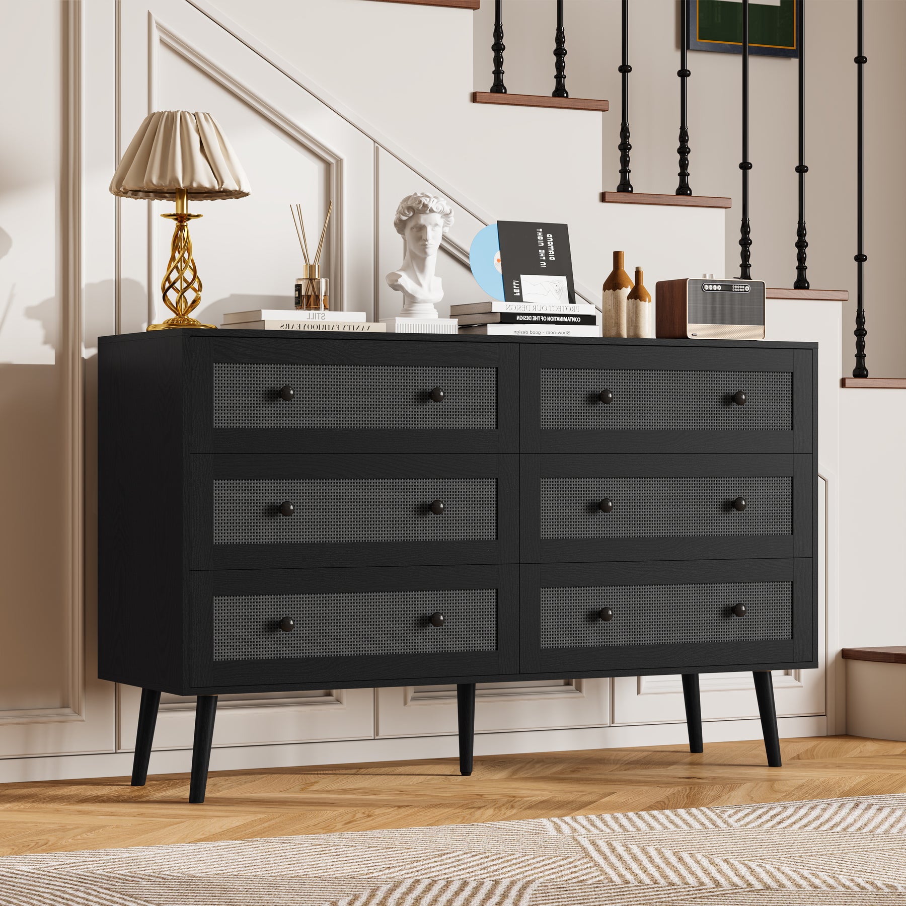 Anymaple Rattan Dresser for Bedroom, 6 Drawer 47.2'' Wide Boho Wood Dresser