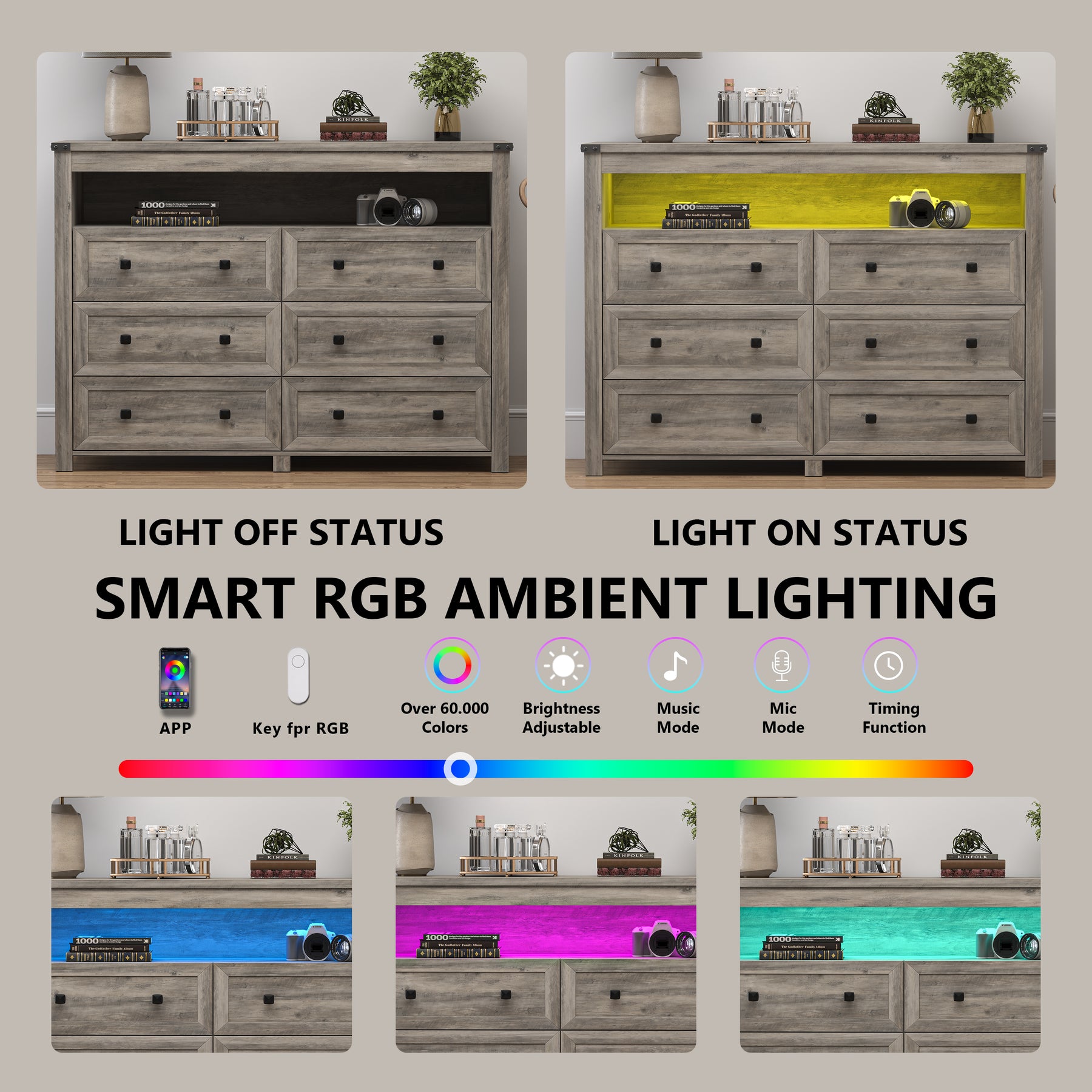 Liora  Six-Drawer High Dresser with LED Shelf