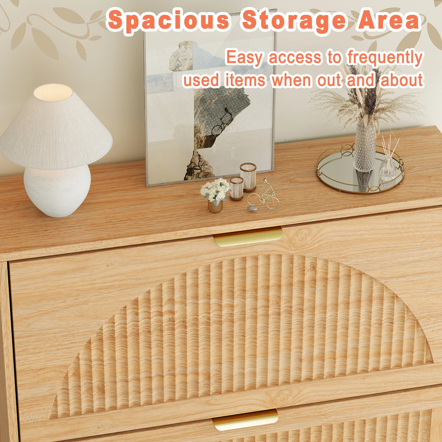 Elora natural oak finish shoe storage cabinet with decor on the top surface