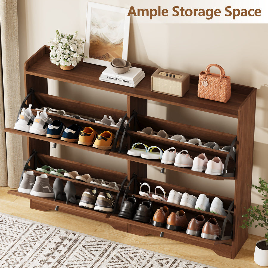 Wave-Edge Fluted Shoe Cabinet with 4 Flip Drawers
