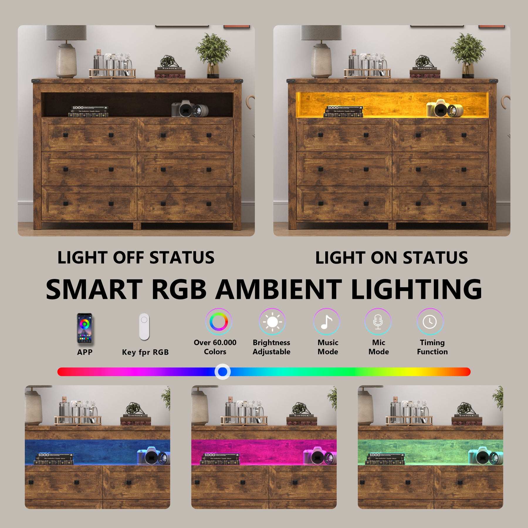 Liora  Six-Drawer High Dresser with LED Shelf