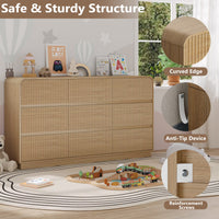 Two fluted oak wood dressers styled side by side in a modern kids bedroom setting