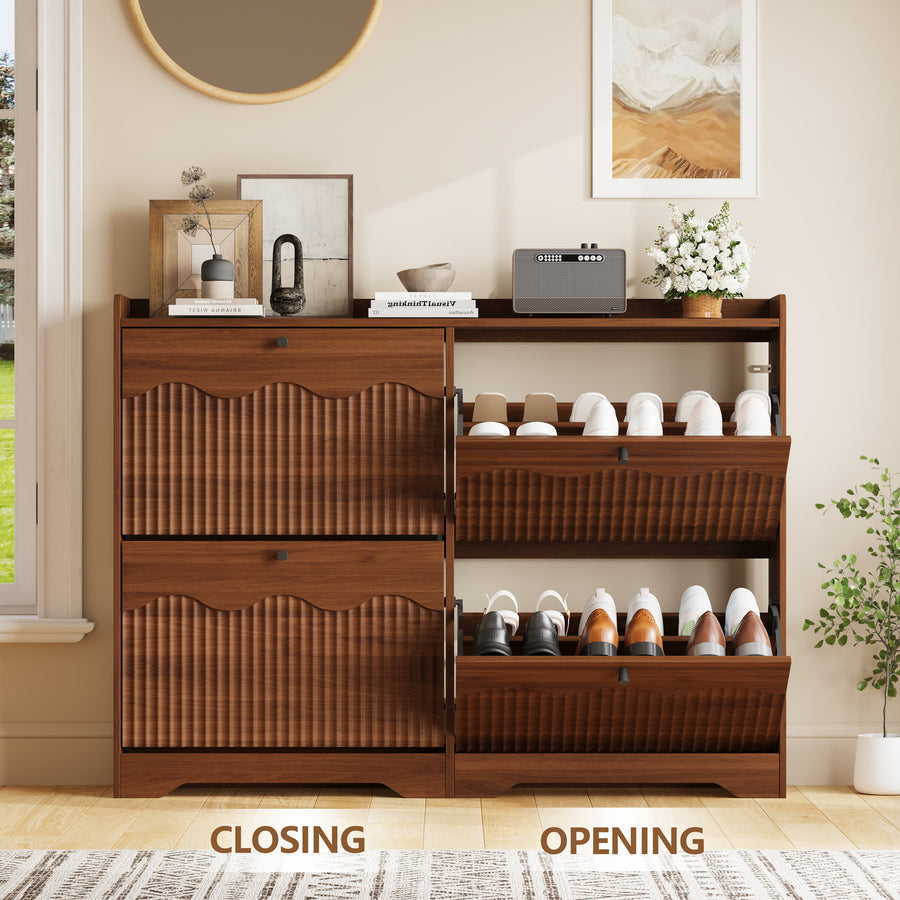 Wave-Edge Fluted Shoe Cabinet with 4 Flip Drawers