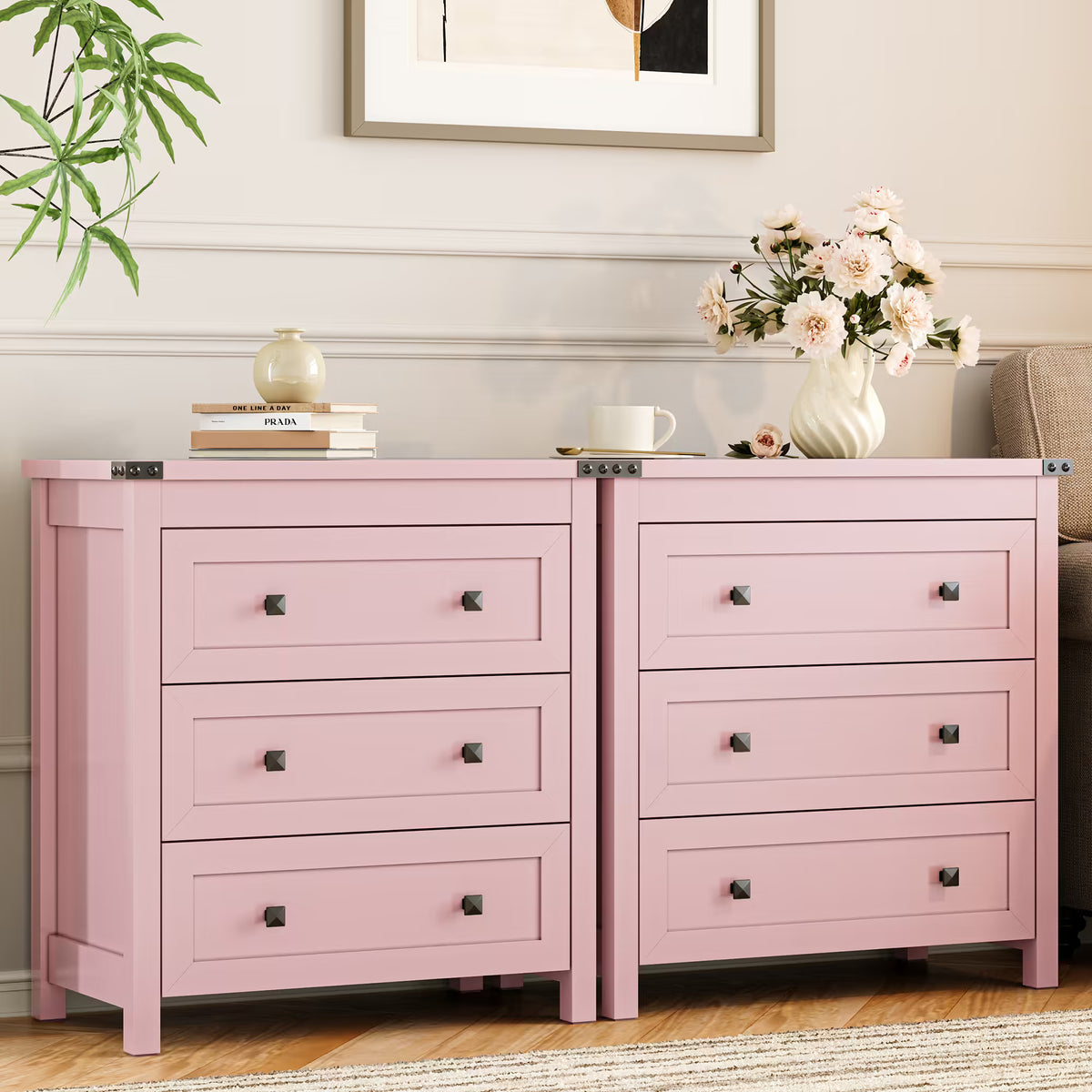 Farmhouse Nightstand with 3 Drawers – Wood Bedside Table