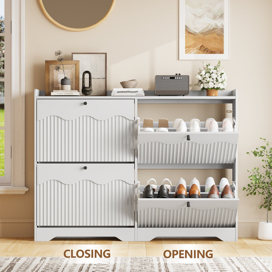Wave-Edge Fluted Shoe Cabinet with 4 Flip Drawers