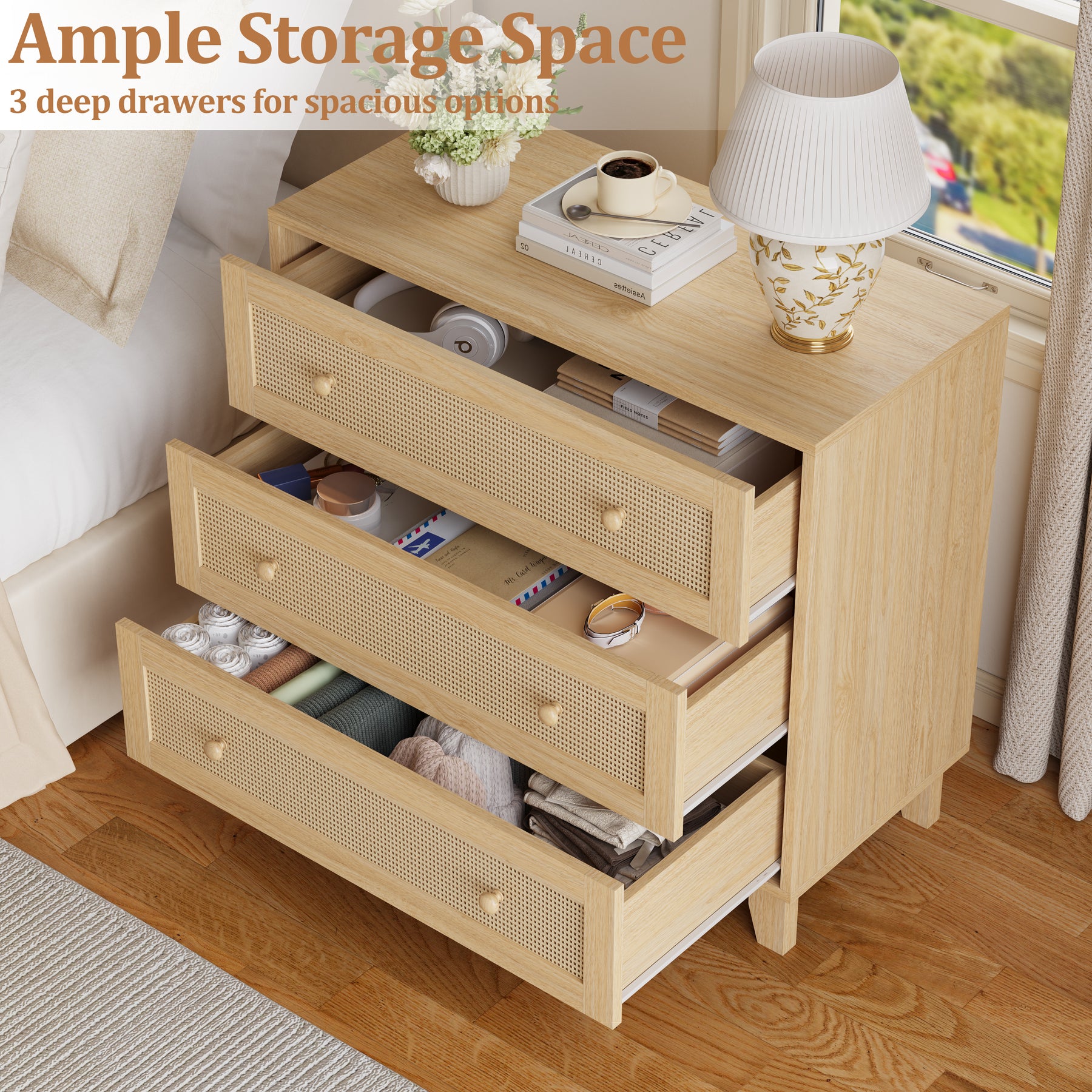 Caneva 29.5" Wide Large Rattan Nightstands with 2 Drawers