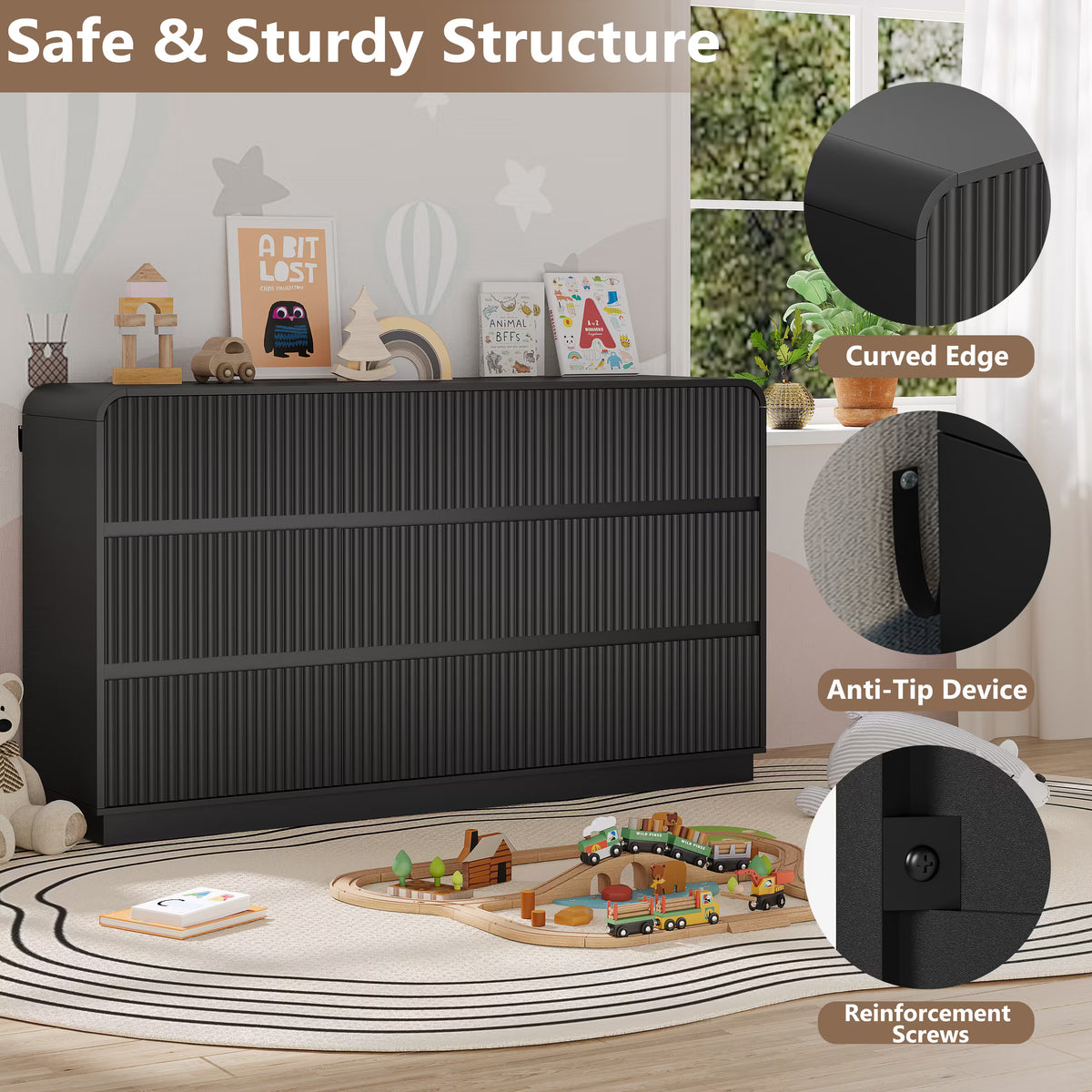 Two fluted black wood dressers styled side by side in a modern kids bedroom setting