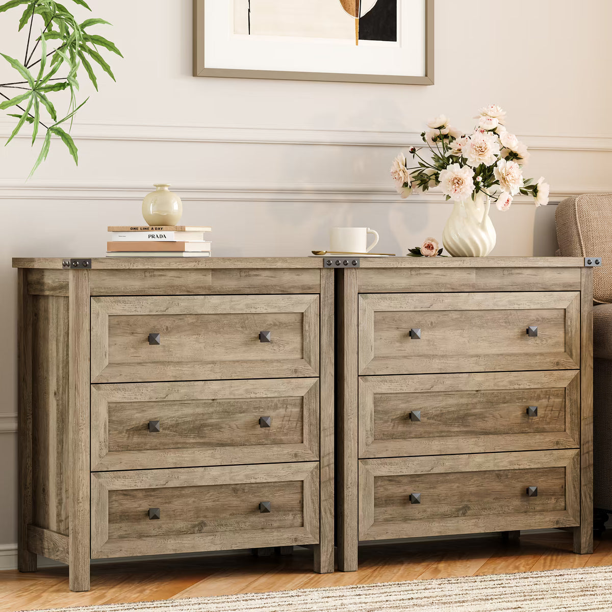Farmhouse Nightstand with 3 Drawers – Wood Bedside Table