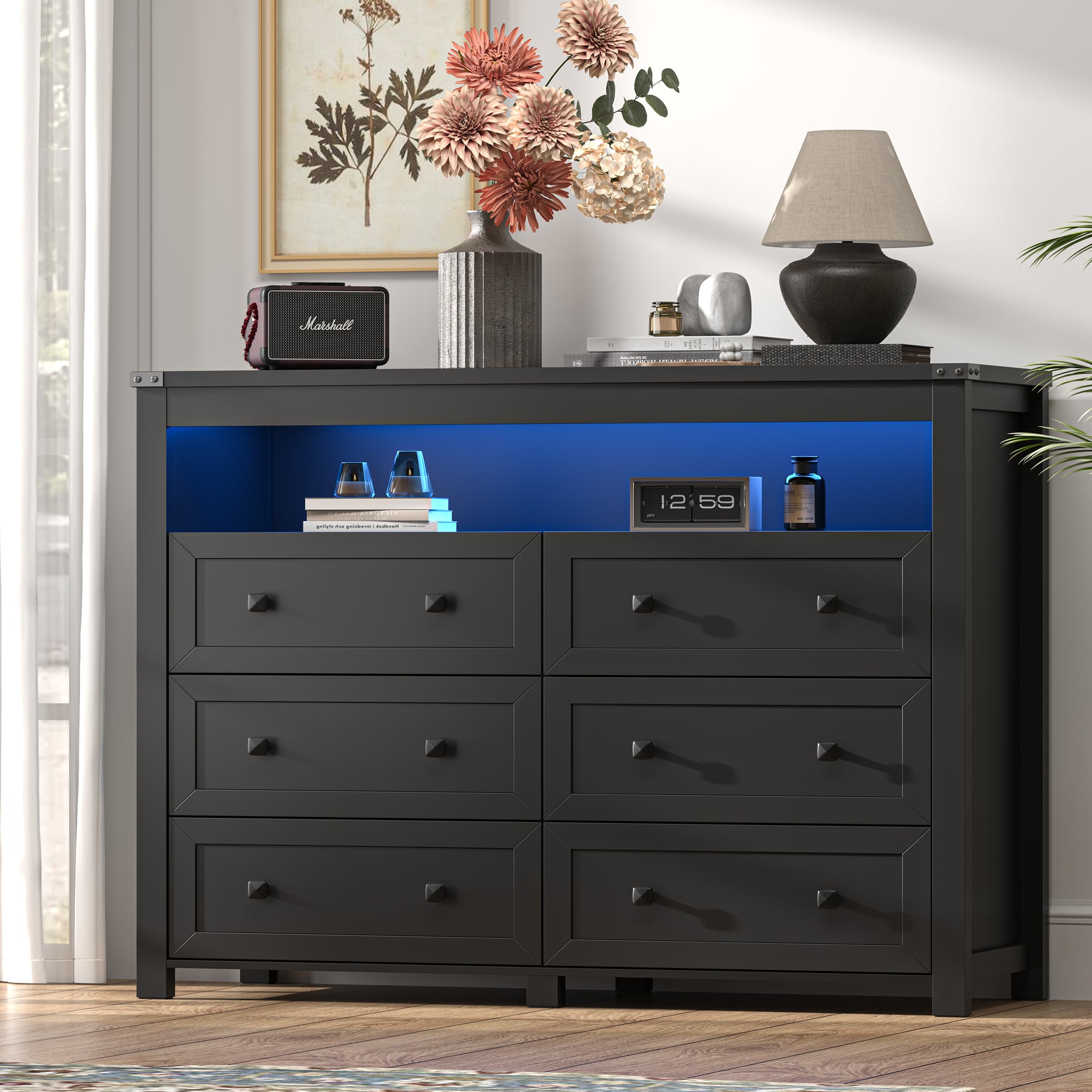Liora  Six-Drawer High Dresser with LED Shelf