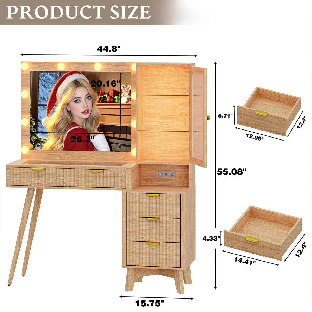 Linea Fluted Makeup Vanity Desk with Mirror & Lights, 5 Drawers| Anymaple