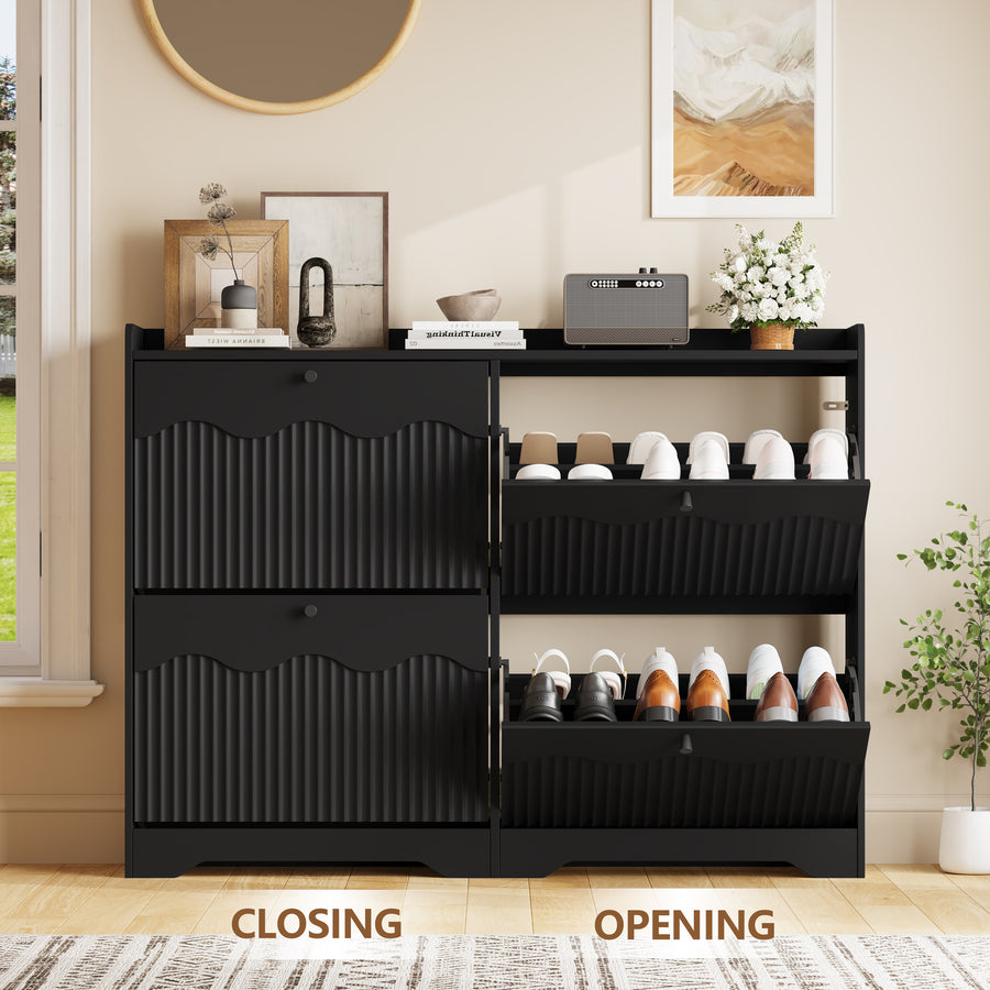 Wave-Edge Fluted Shoe Cabinet with 4 Flip Drawers