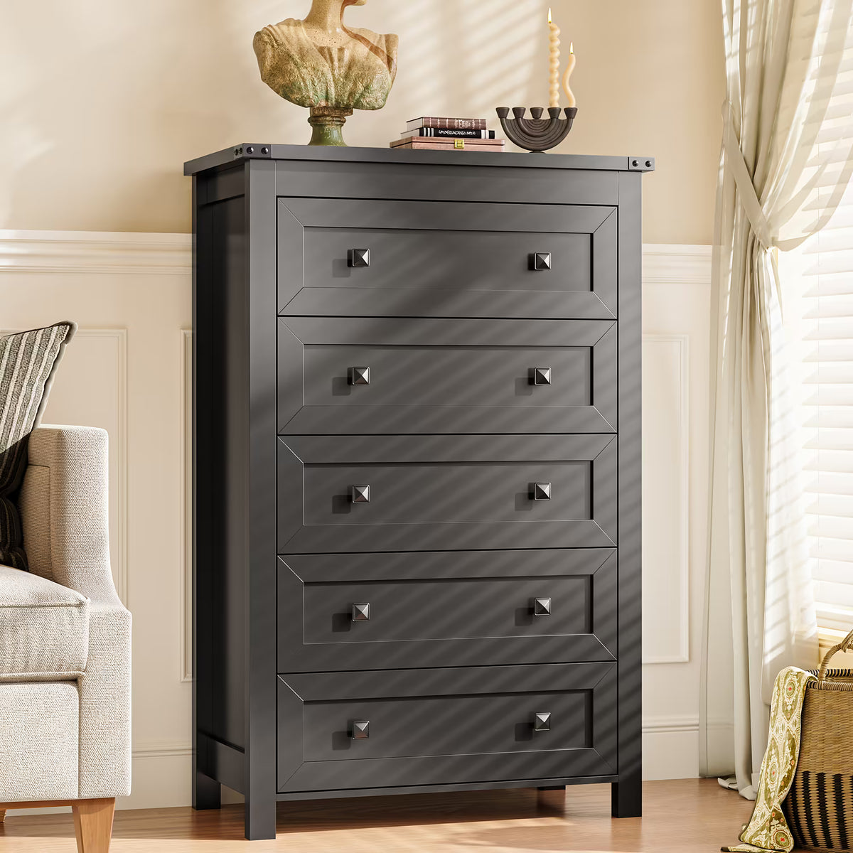Ashford 5-Drawer Tall Dresser with Modern Bedroom Storage & Metal Handles | ANYMAPLE