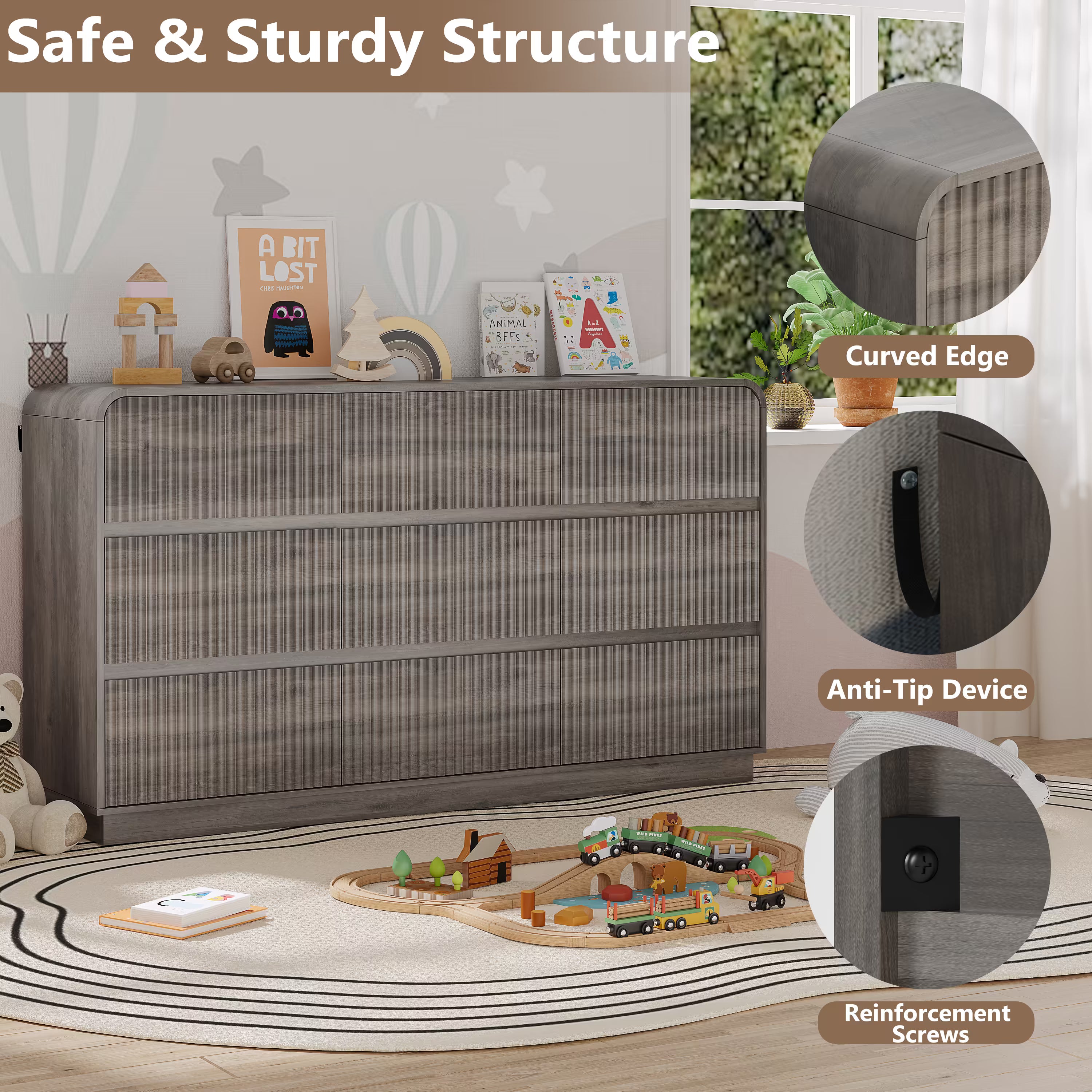 Two fluted gray wood dressers styled side by side in a modern kids bedroom setting