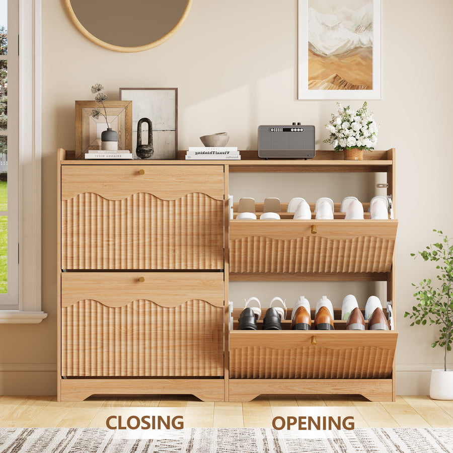 Wave-Edge Fluted Shoe Cabinet with 4 Flip Drawers