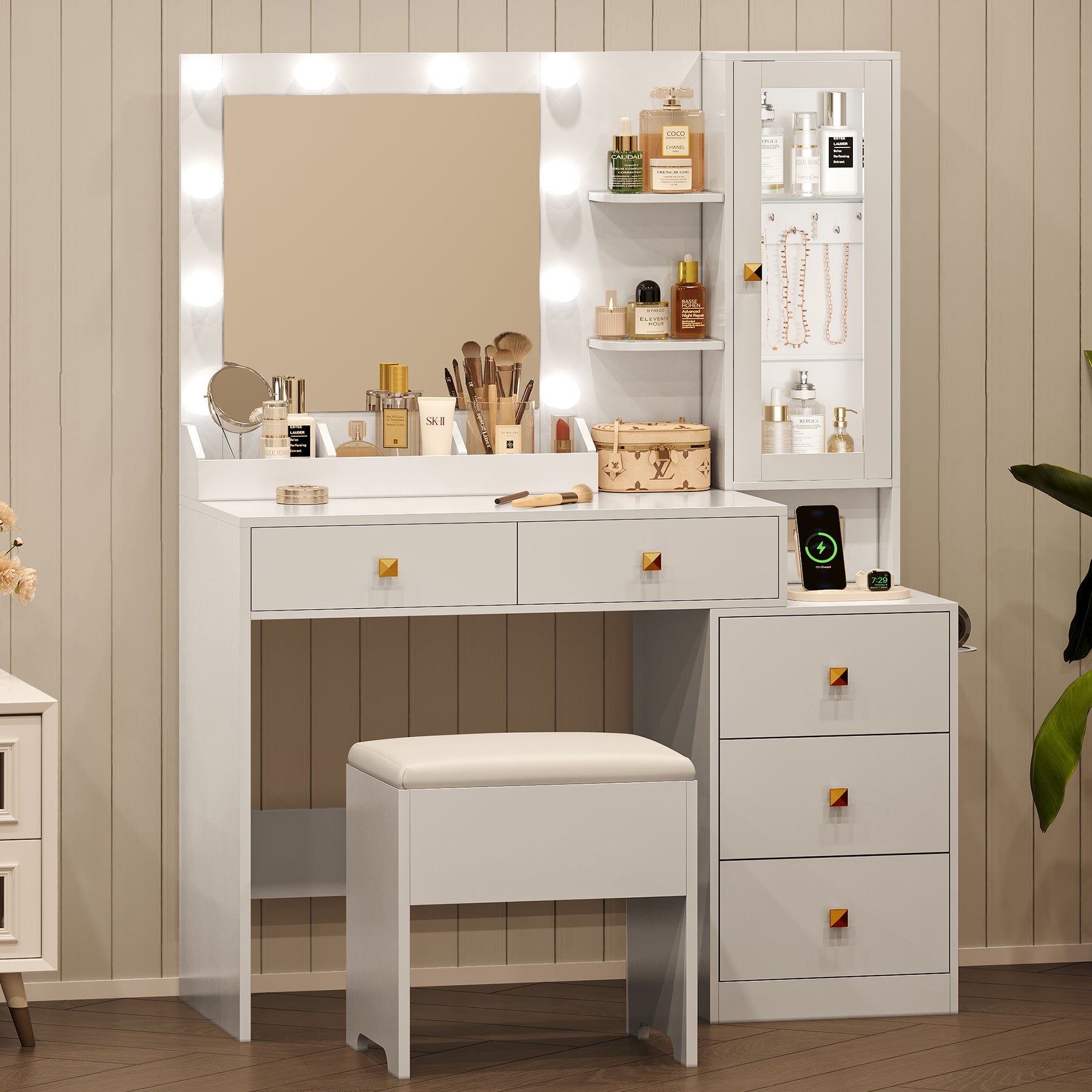 Lighted Makeup Vanity with Jewelry Cabinet