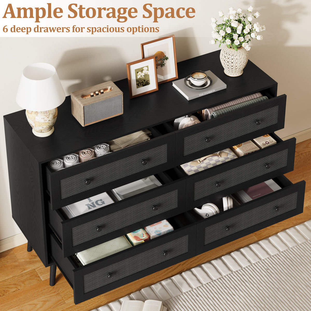 Anymaple Rattan Dresser for Bedroom, 6 Drawer 47.2'' Wide Boho Wood Dresser