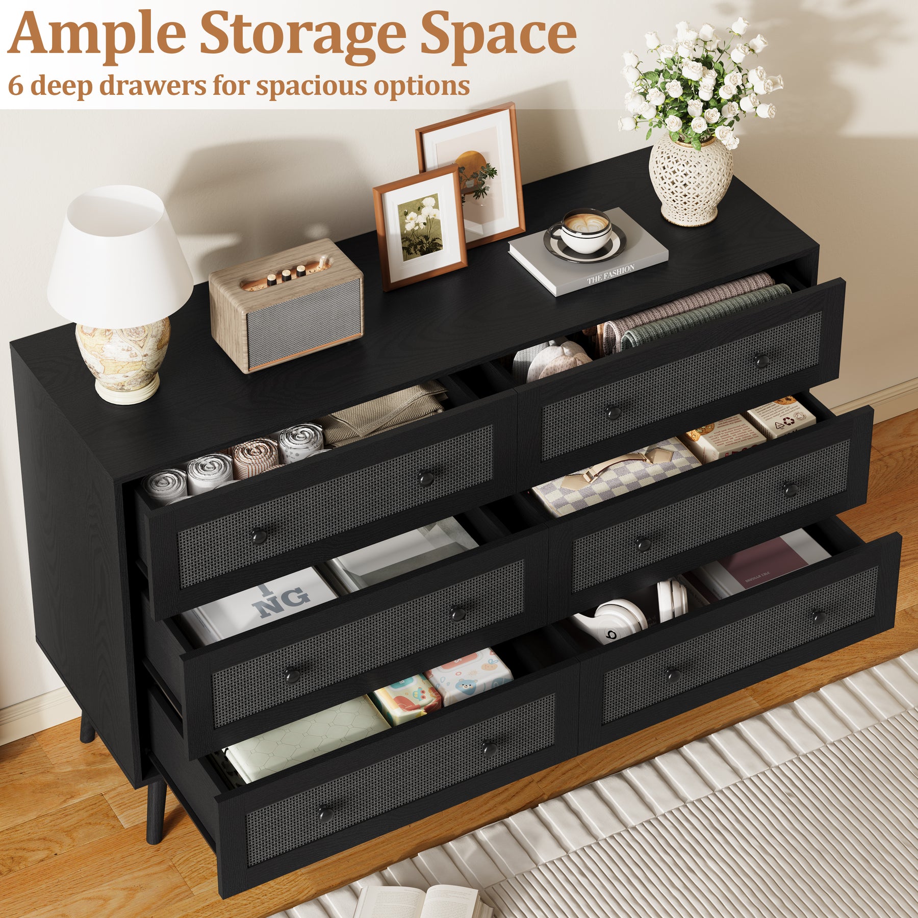 Anymaple Rattan Dresser for Bedroom, 6 Drawer 47.2'' Wide Boho Wood Dresser