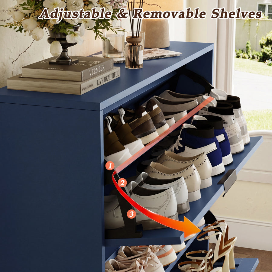 Elora blue flip-drawer shoe cabinet with adjustable removable dividers