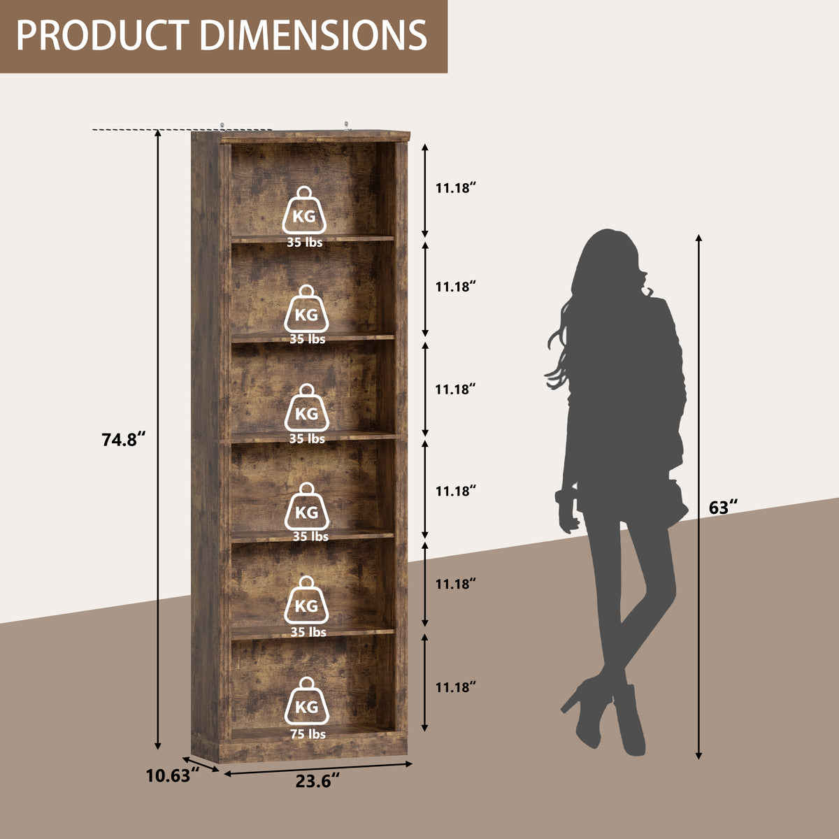 Tall Bookshelf, 6-Tier Bookcase
