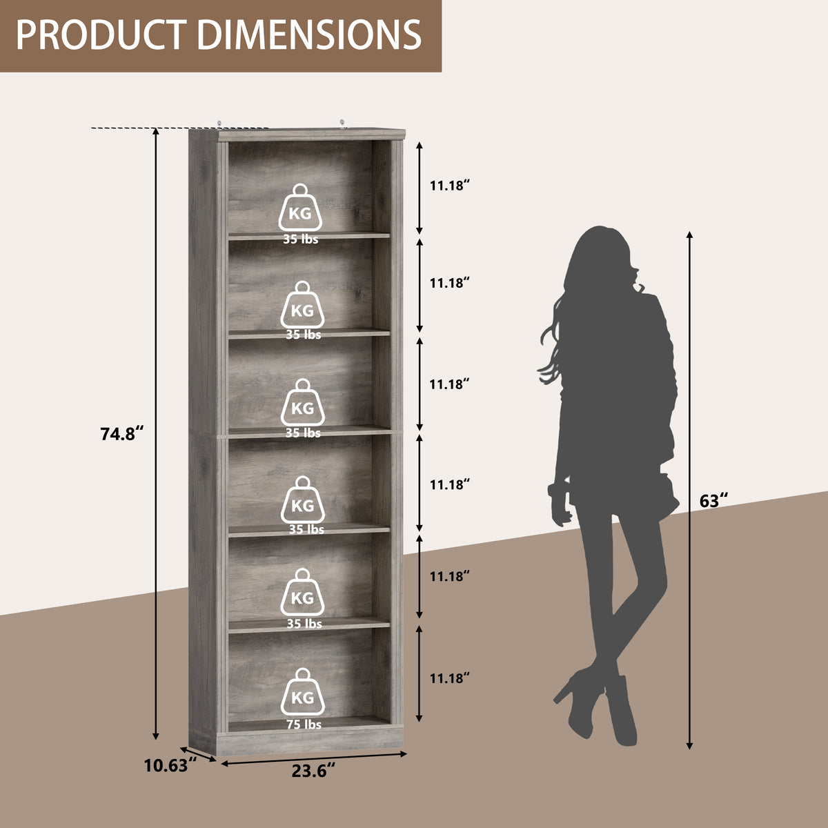 Tall Bookshelf, 6-Tier Bookcase